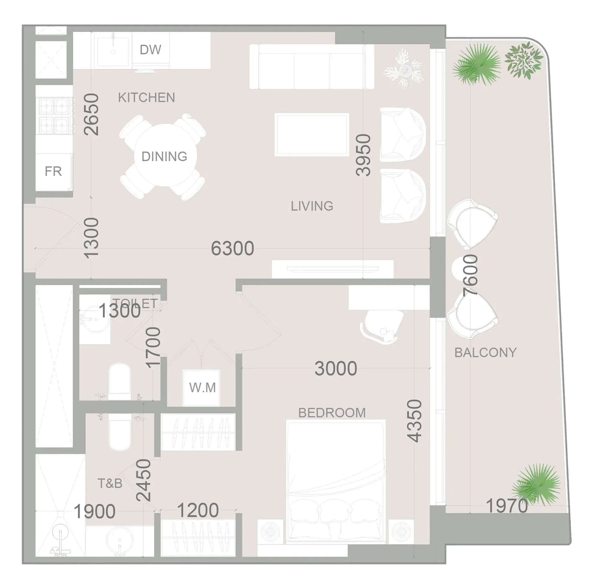 ELAR1S Sky 1 bed floor plan, 733 – 735 sqft