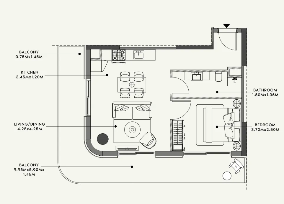 Azizi Venice 1 bed floor plan, 793 sqft