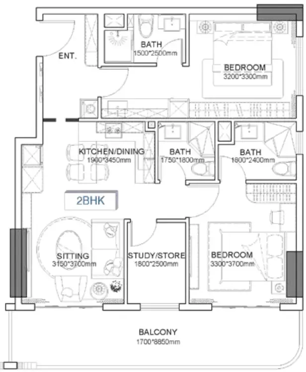 Listone Residence 2 bed floor plan, 1,014 – 1,514 sqft