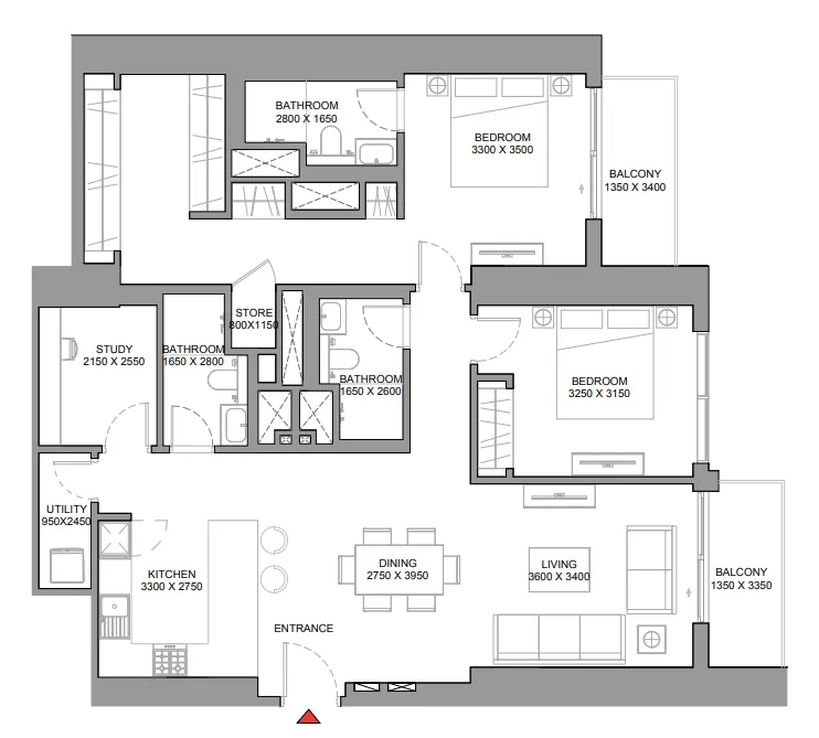 360 Riverside Crescent 2 bed floor plan, 1,459 sqft