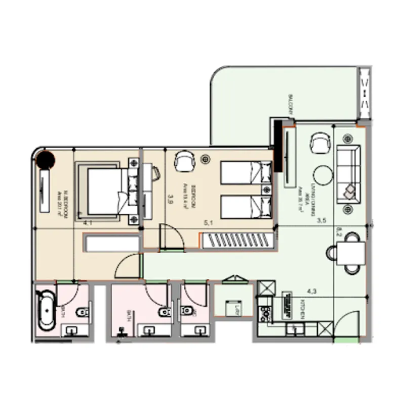 Edgewater Residences 1, 2 and 3 2 bed floor plan, 2,150 sqft