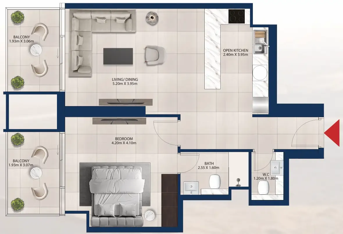Al Vista 1 bed floor plan, 828 sqft