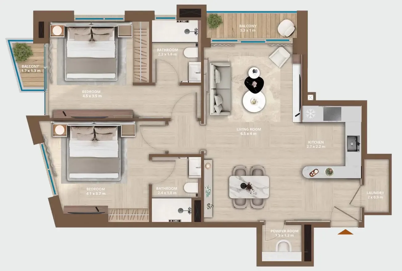Celeste by HRE 2 bed floor plan, 945 sqft