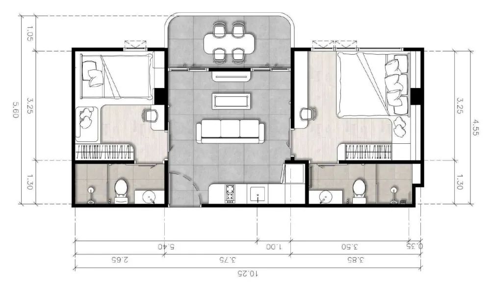 The Element 2 bed floor plan, 525 – 570 sqft