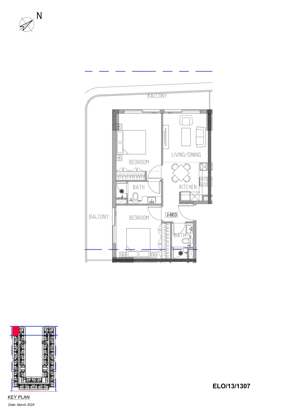 Elo Damac 2 bed floor plan, 1,033 sqft