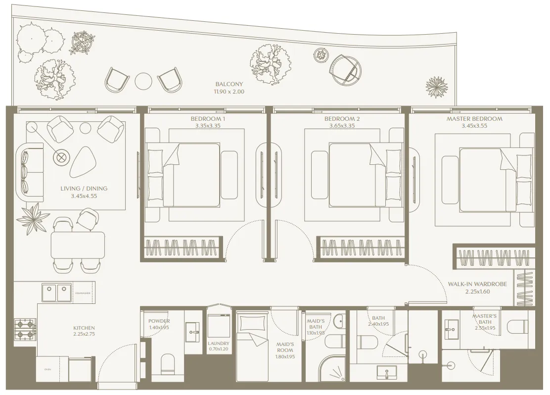 AYA Beachfront Residences 3 bed floor plan, 1,422 – 1,437 sqft