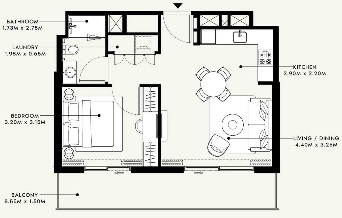 Beach Oasis 1 and 2 1 bed floor plan, 677 sqft