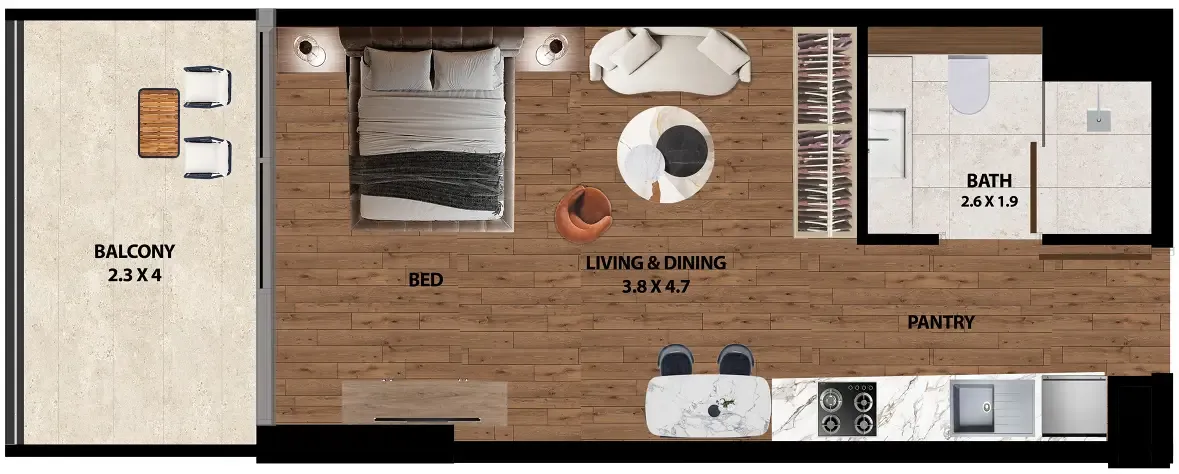 Marquis One Studio floor plan, 443 sqft