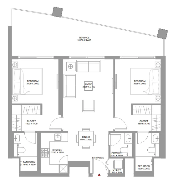 Bayside Marina Residences 2 bed floor plan, 1,115 sqft