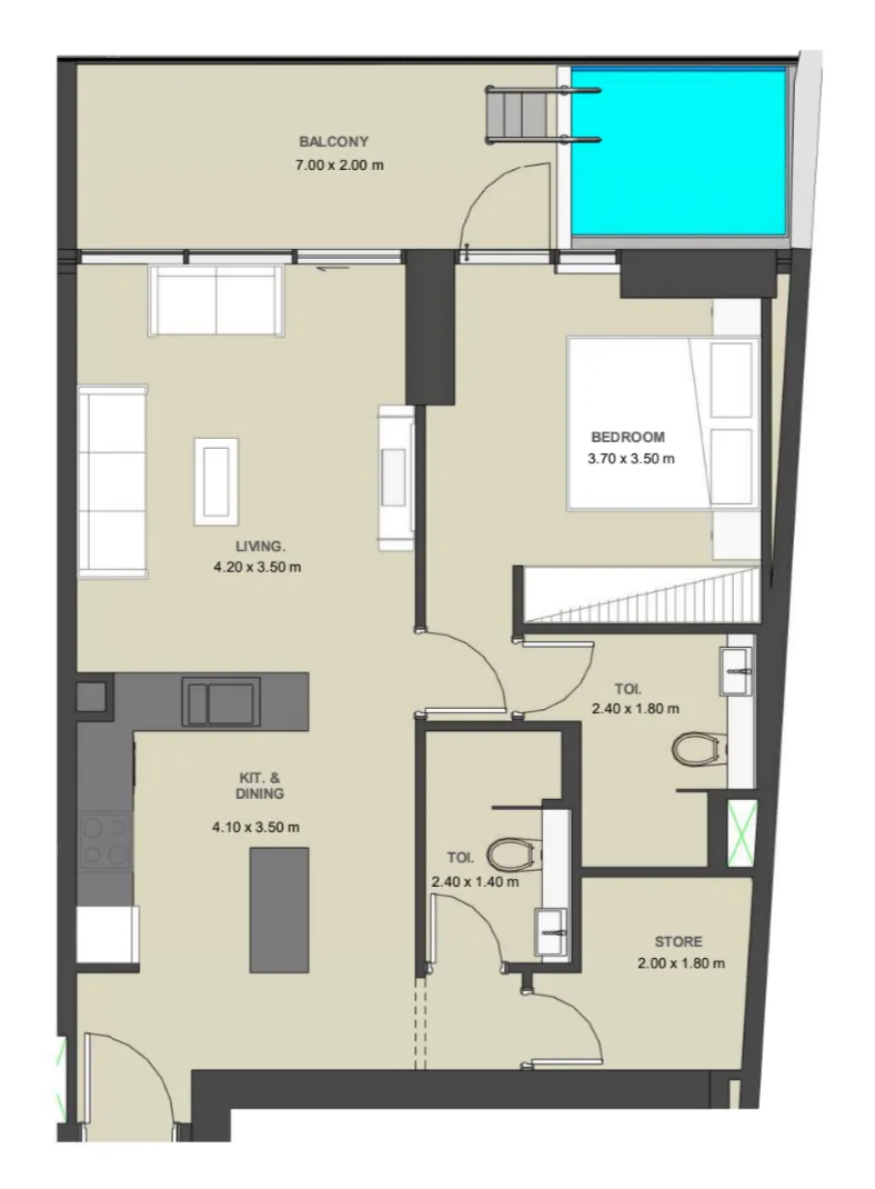 Lucky Oasis Residence 1 bed floor plan, 832 sqft