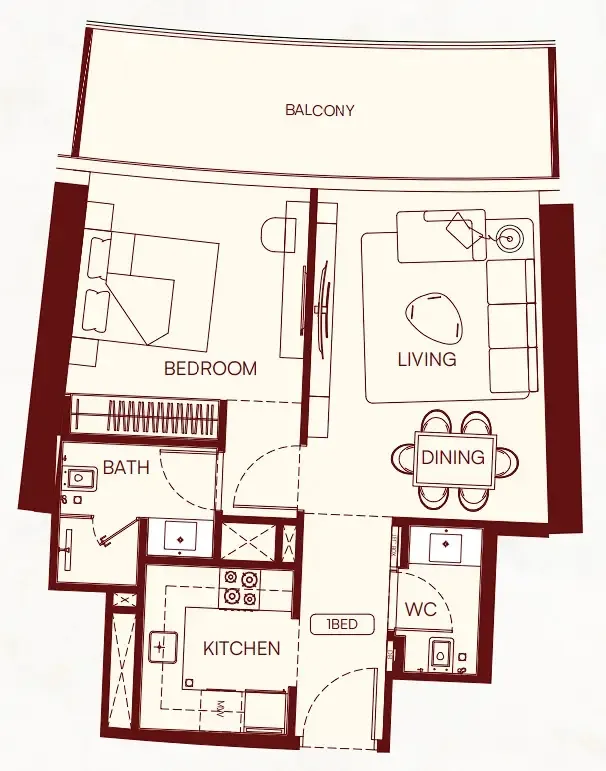 Binghatti Skyflame 1 bed floor plan, 703 sqft