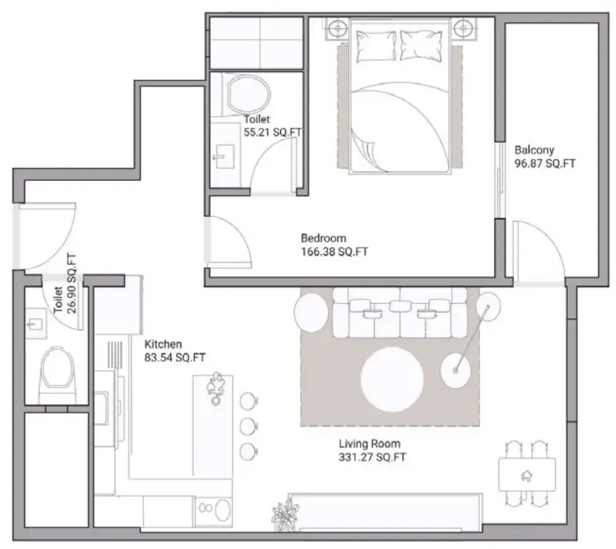 Ajman Creek Towers 1 bed floor plan, 1,220 sqft