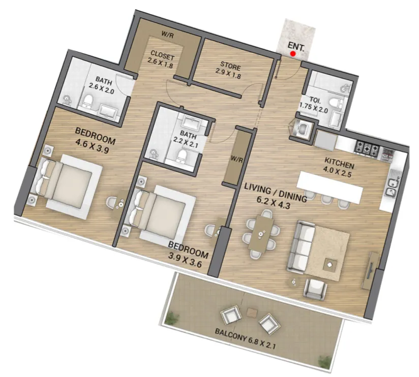 Ocean Tower 2 bed floor plan, 1,449 sqft