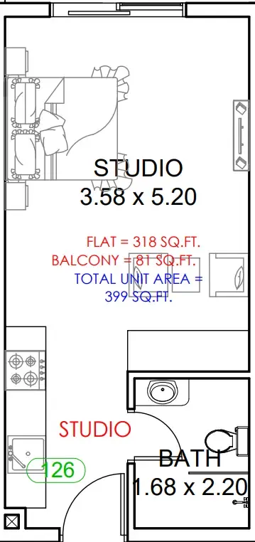 Astra South Studio floor plan, 378 sqft