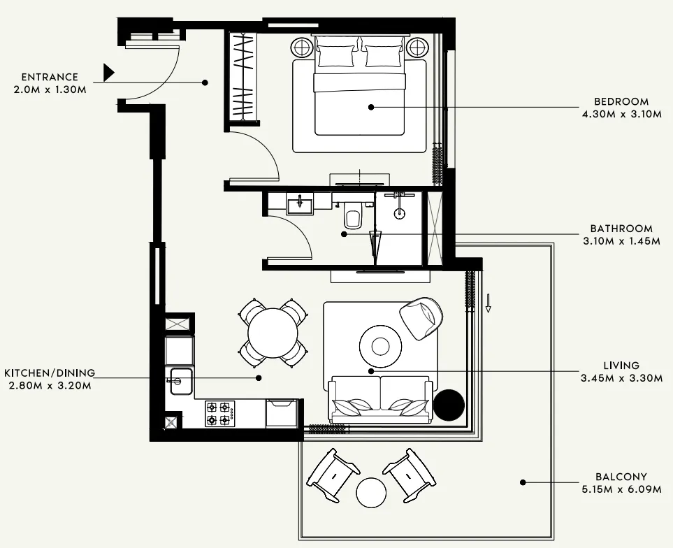 Azizi Venice 1 bed floor plan, 720 sqft
