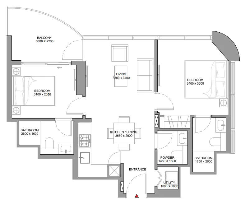 Sobha Aquamont 2 bed floor plan, 775 sqft