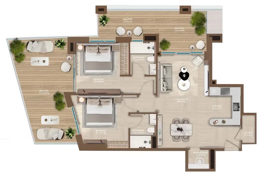 Celeste by HRE 2 bed floor plan, 1,385 sqft