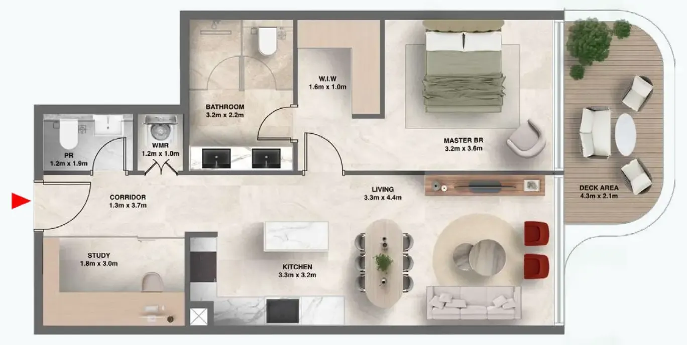 The Tides 1 bed floor plan, 834 sqft