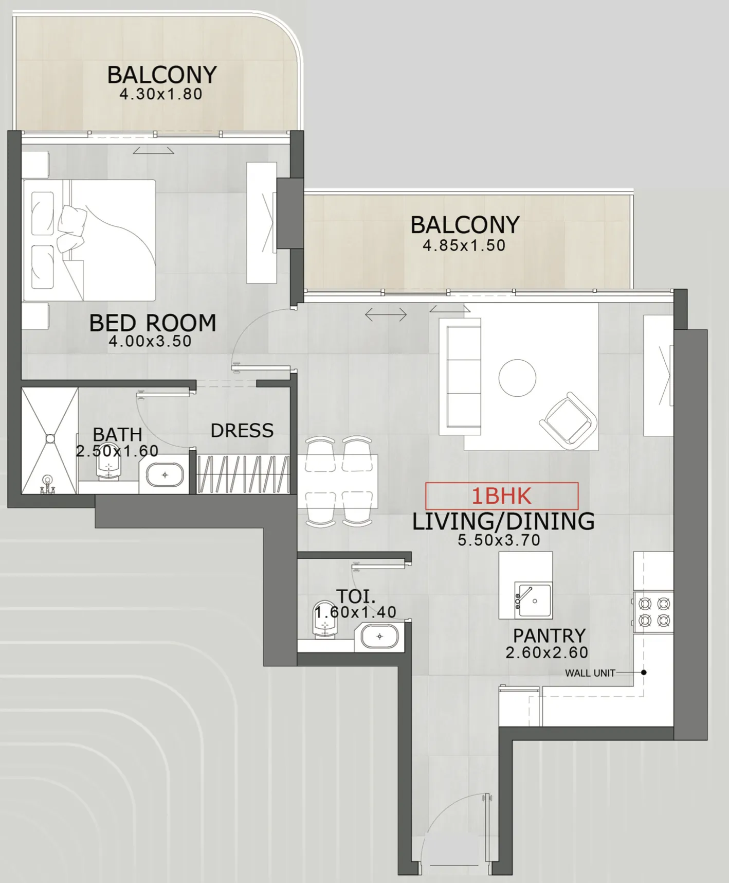 Floarea Skies 1 bed floor plan, 836 – 838 sqft
