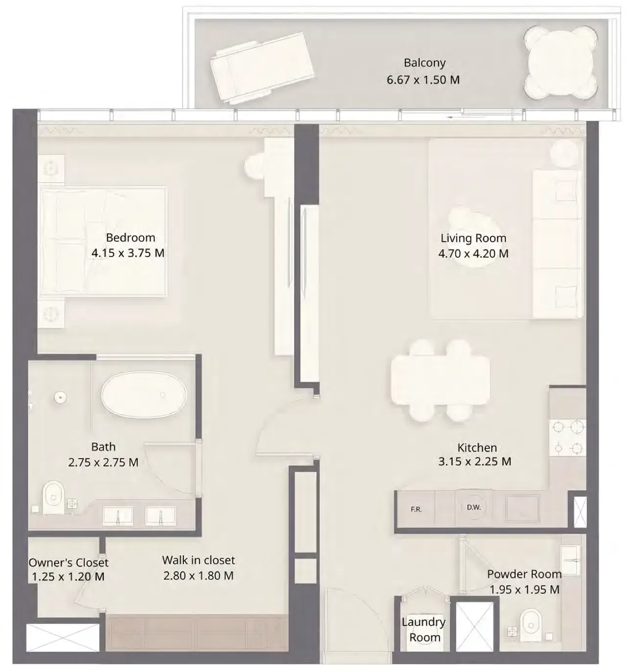 The Residences at Sheraton Al Marjan Island Resort Phase 1 & 2 1 bed floor plan, 968 sqft