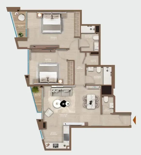 Celeste by HRE 2 bed floor plan, 1,073 sqft