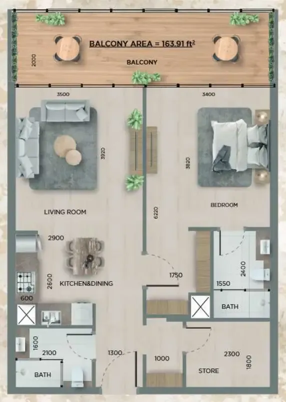 368 Park Ln. 1 bed floor plan, 806 sqft