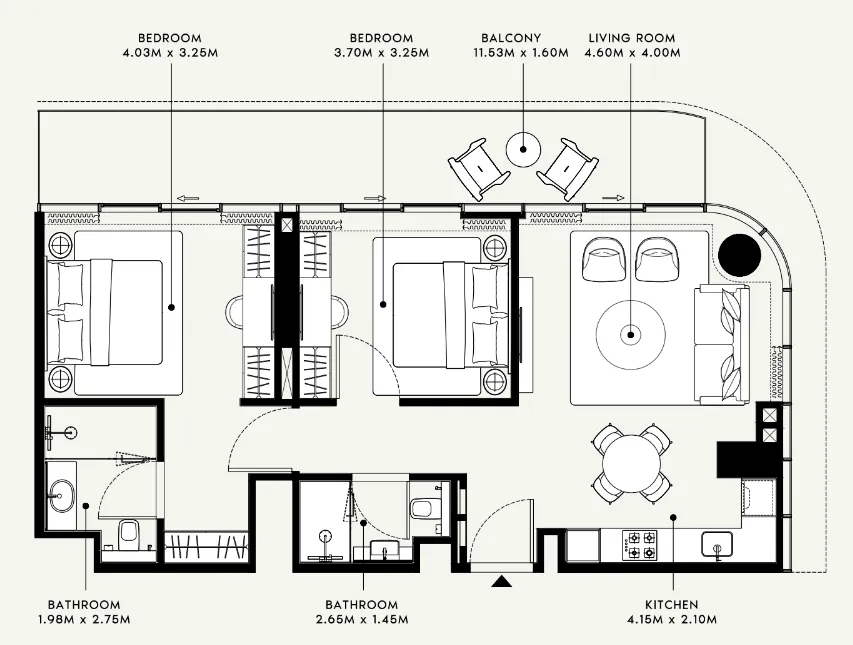 Azizi Venice 2 bed floor plan, 1,053 sqft