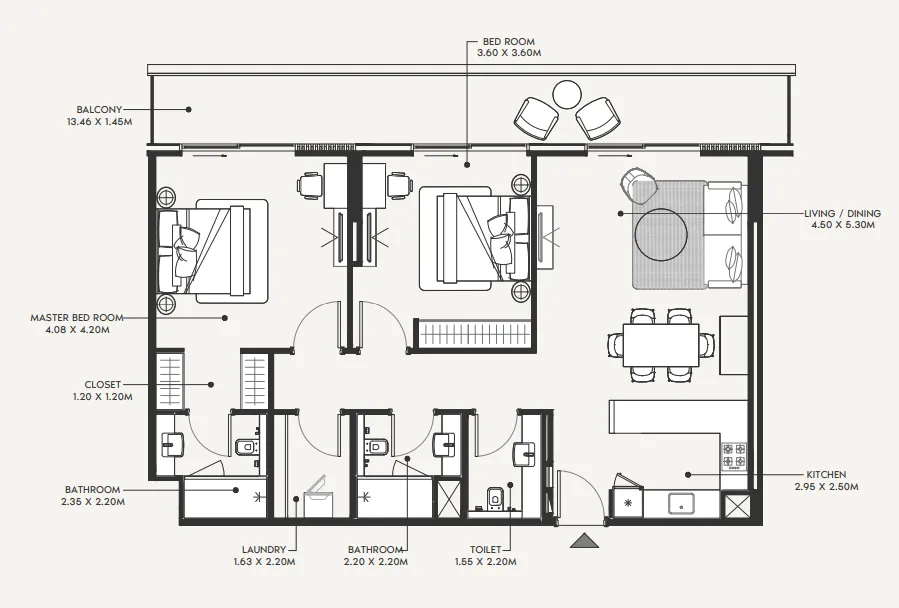 Azizi Amir 2 bed floor plan, 1,303 sqft