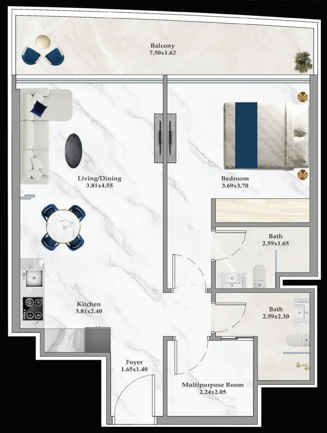 Aspirz 1 bed floor plan, 792 sqft