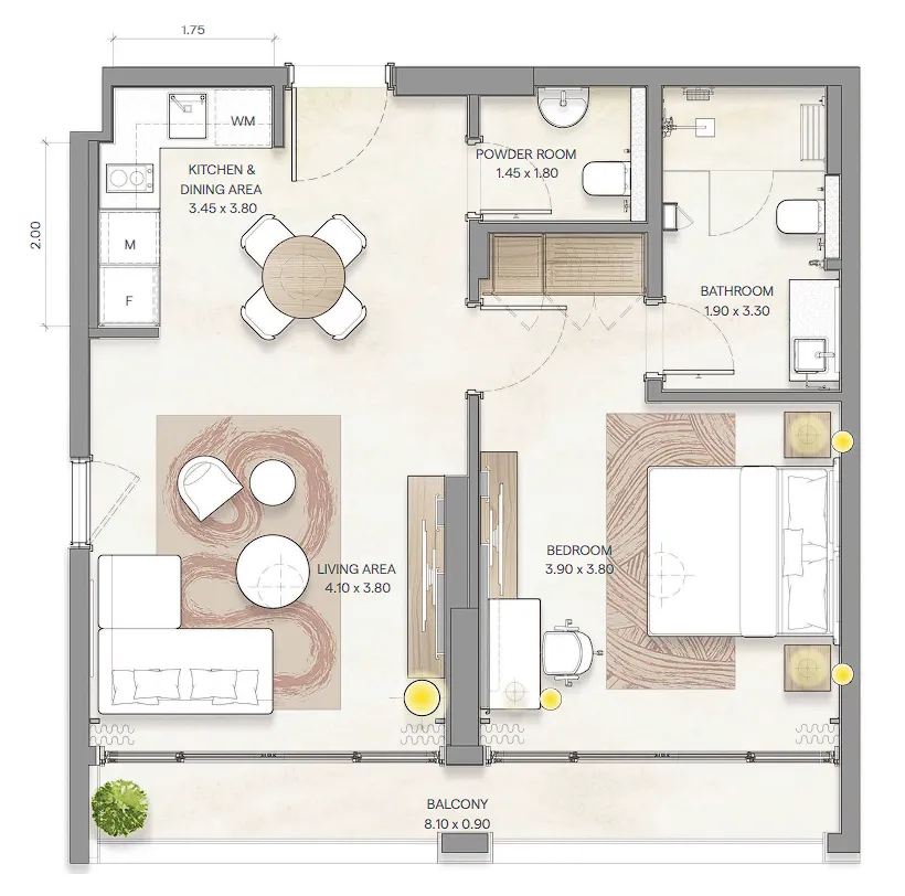 Bloom Arjaan by Rotana  1 bed floor plan, 738 sqft