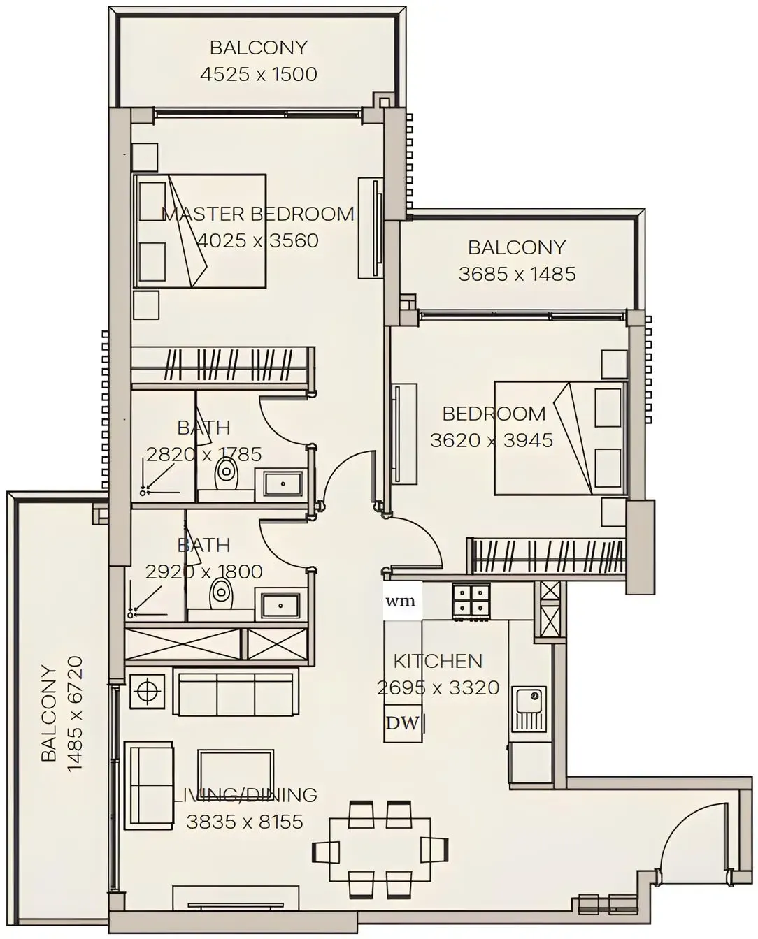 Nirvana Residences 1 2 bed floor plan, 1,215 – 1,343 sqft