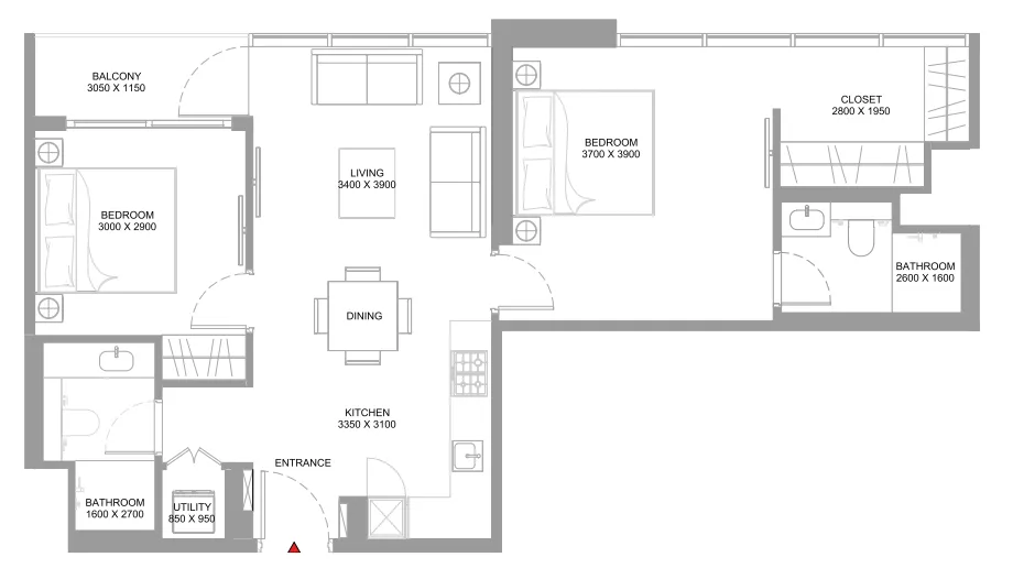 Starline Beach Residences 2 bed floor plan, 839 sqft