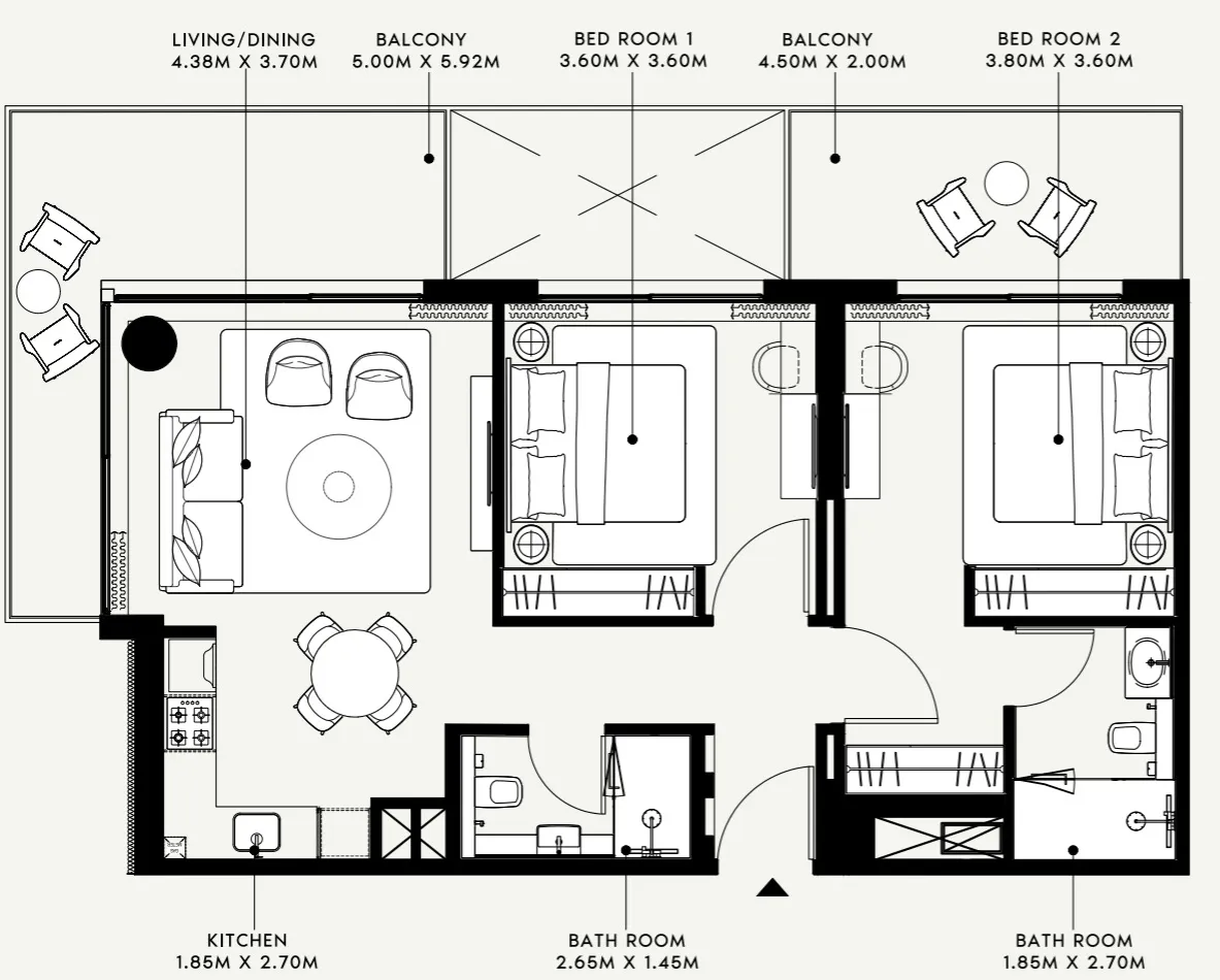Azizi Venice 2 bed floor plan, 1,093 sqft