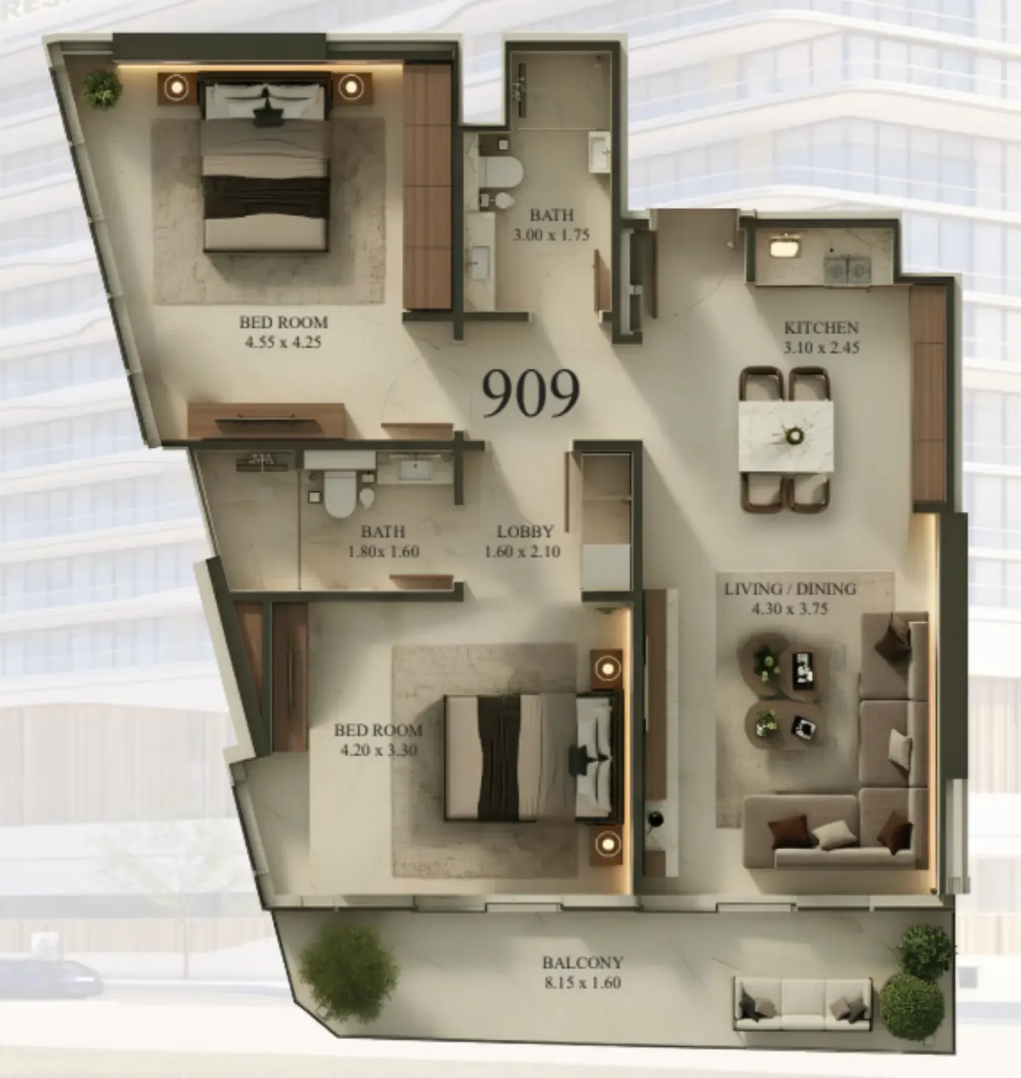 09 Life Residences 2 bed floor plan, 1,039 sqft