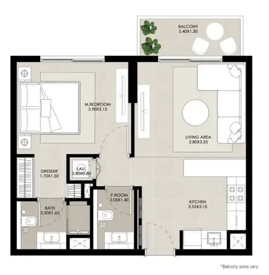 Rosewell 1 bed floor plan, 610 – 613 sqft