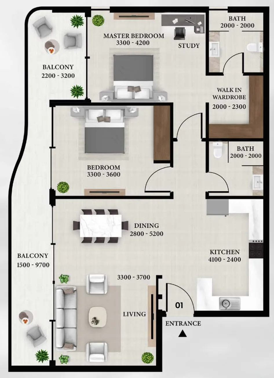 Avion Residence 2 bed floor plan, 1,187 sqft