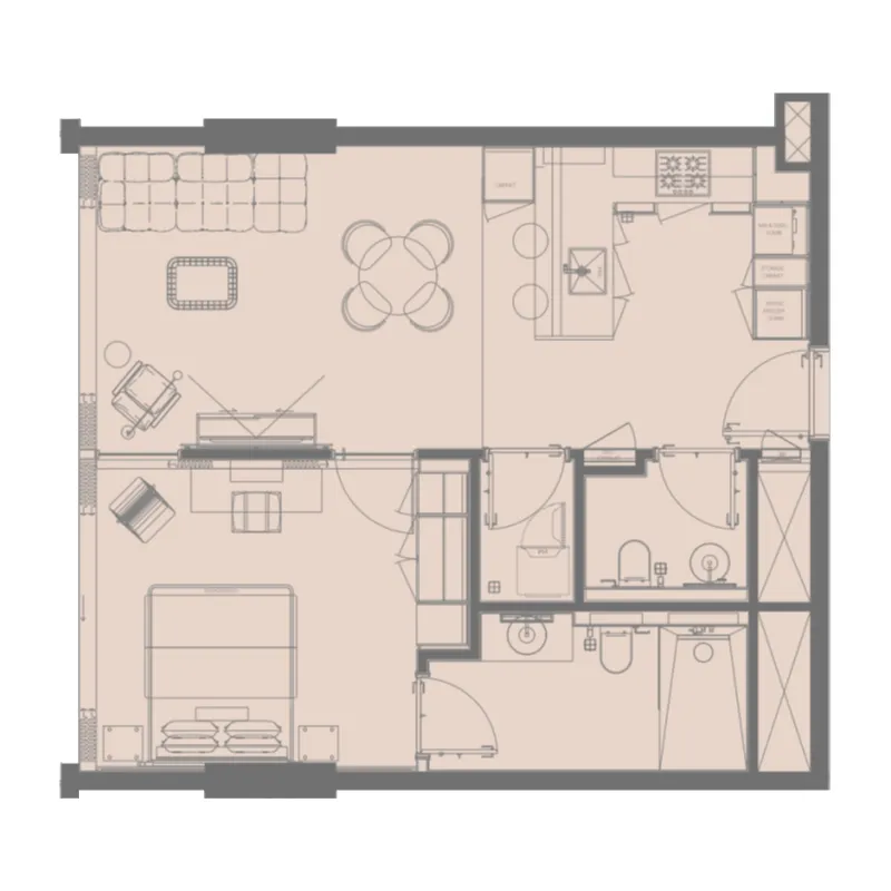 Raw District 1 bed floor plan, 610 sqft