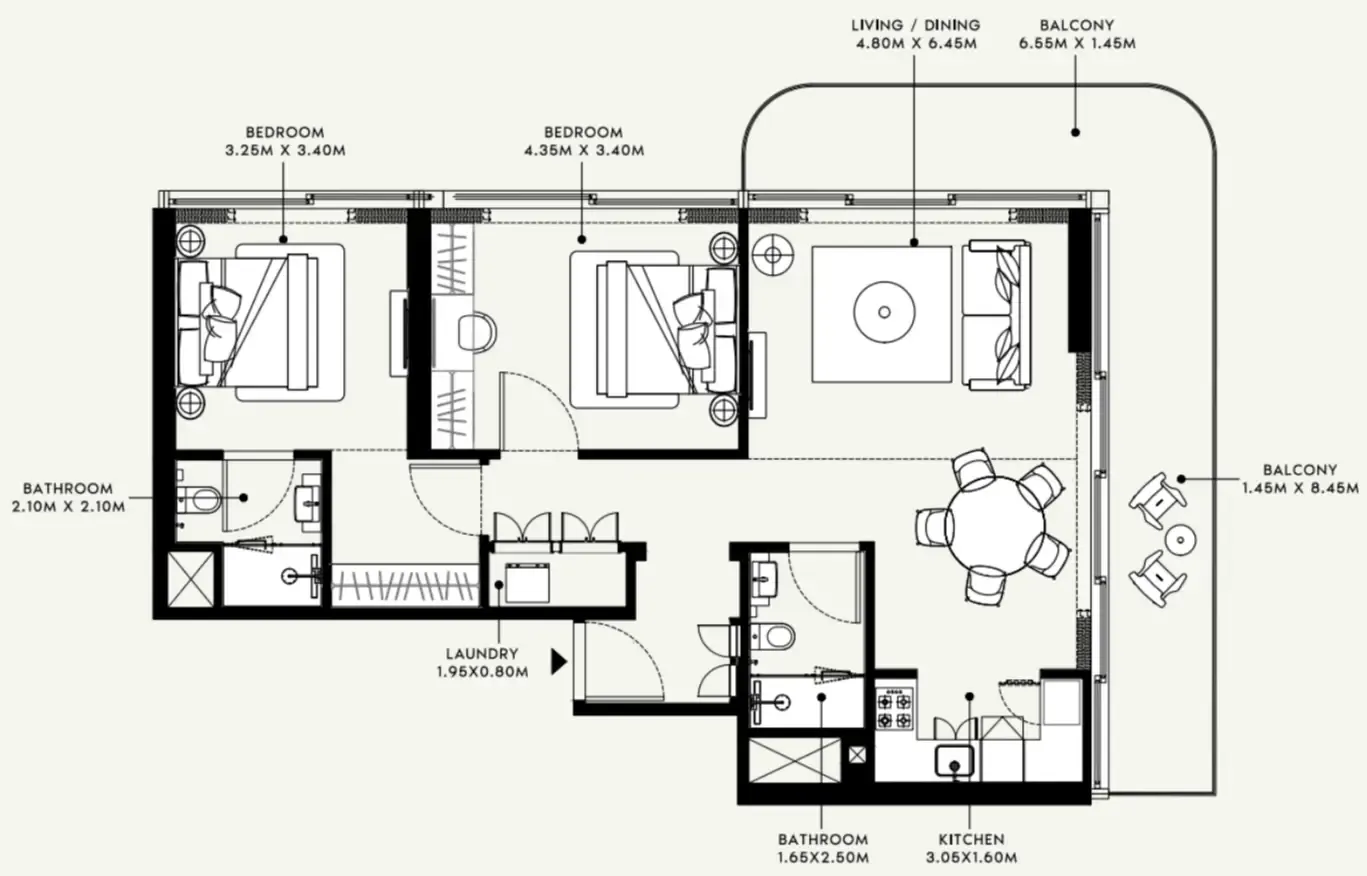 Azizi Raffi 2 bed floor plan, 1,219 sqft