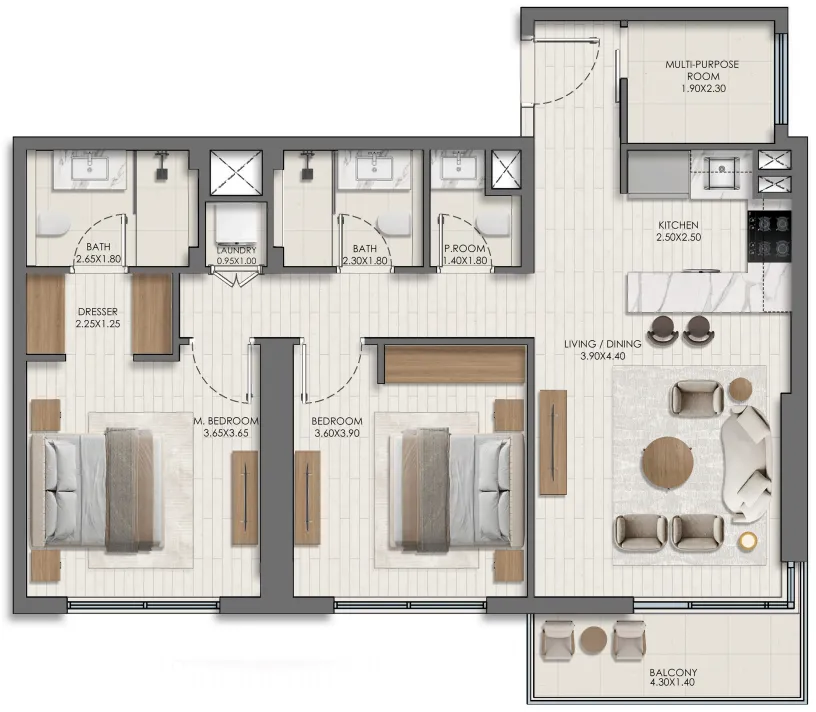 Belmont 2 bed floor plan, 1,043 sqft