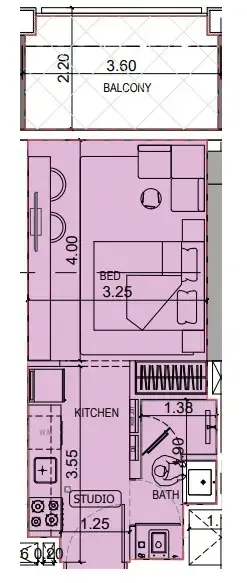 Binghatti Titania Studio floor plan, 375 sqft