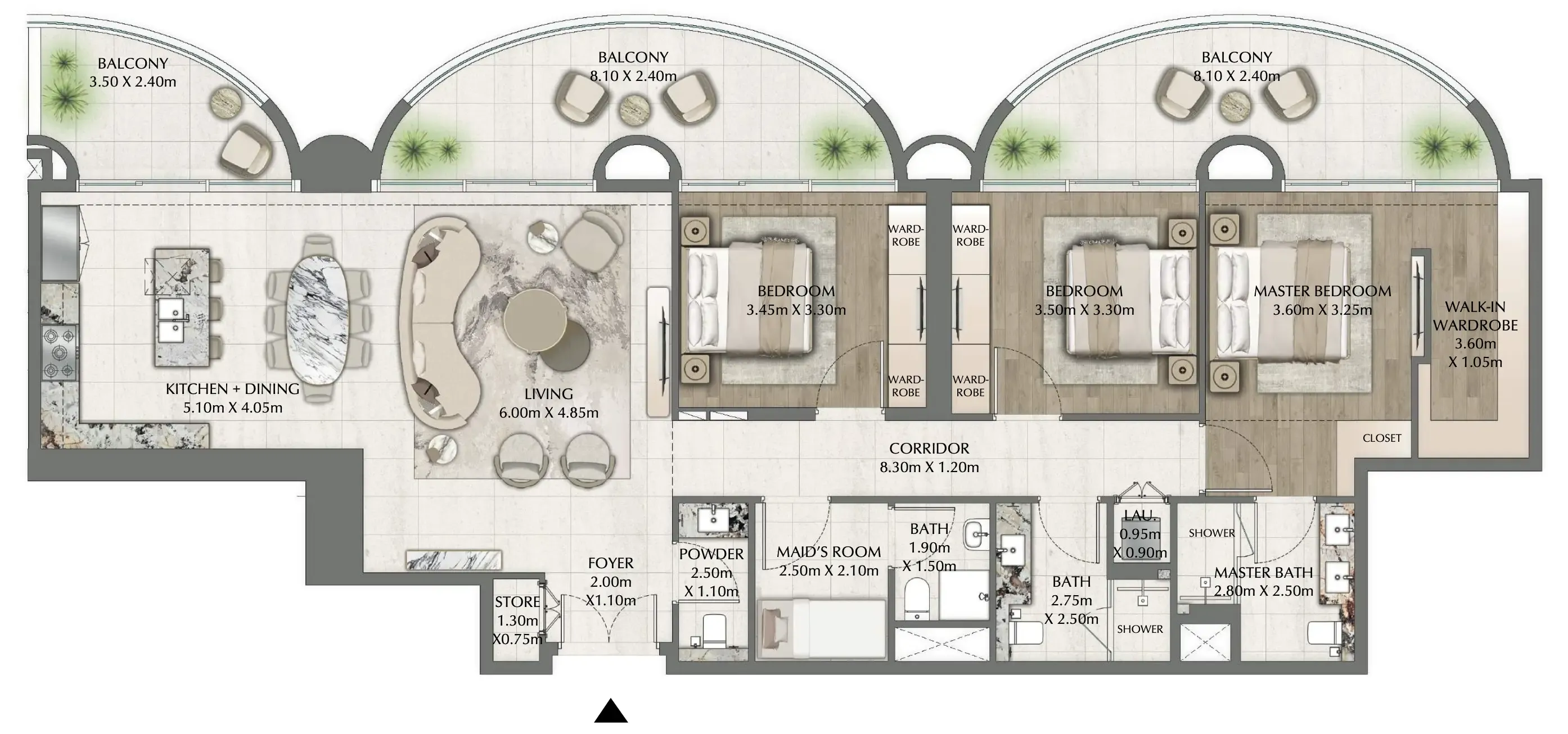 One Residence 3 bed floor plan, 2,073 sqft