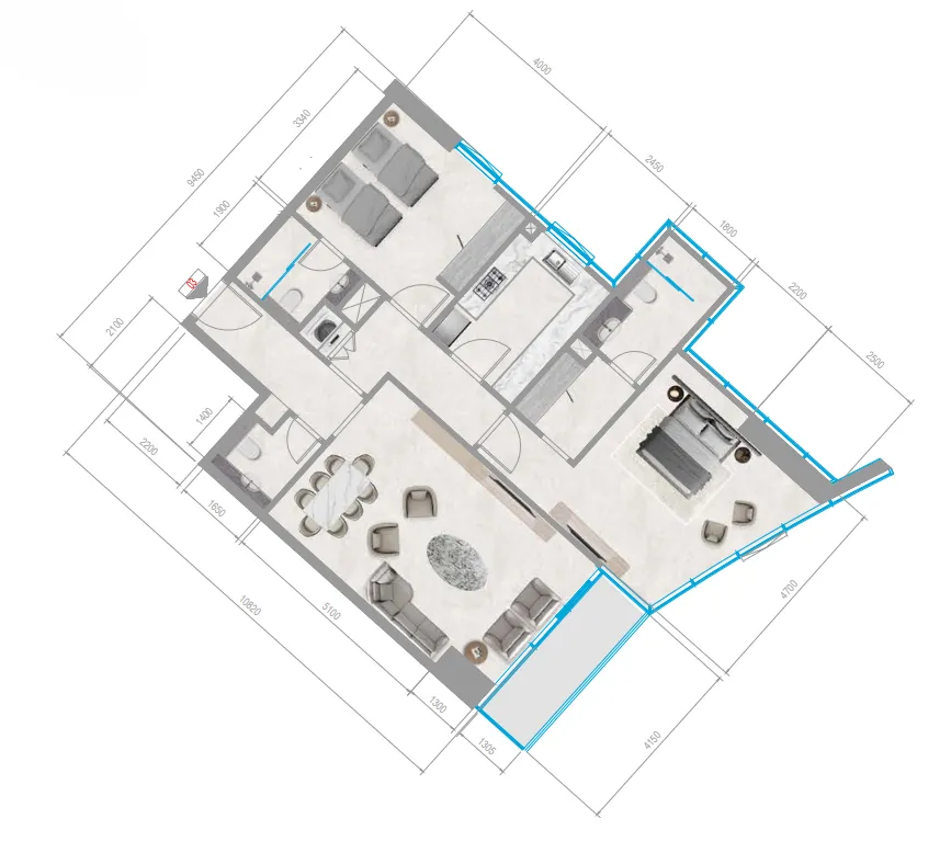 Orchid Towers Phase 1 2 bed floor plan, 1,222 sqft