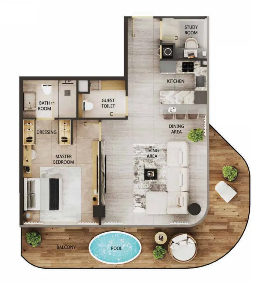 Arya Residences 1 bed floor plan, 1,113 sqft