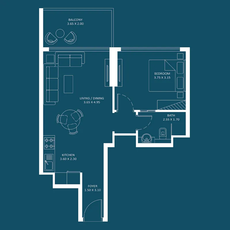 Oasiz 2 1 bed floor plan, 542 – 693 sqft