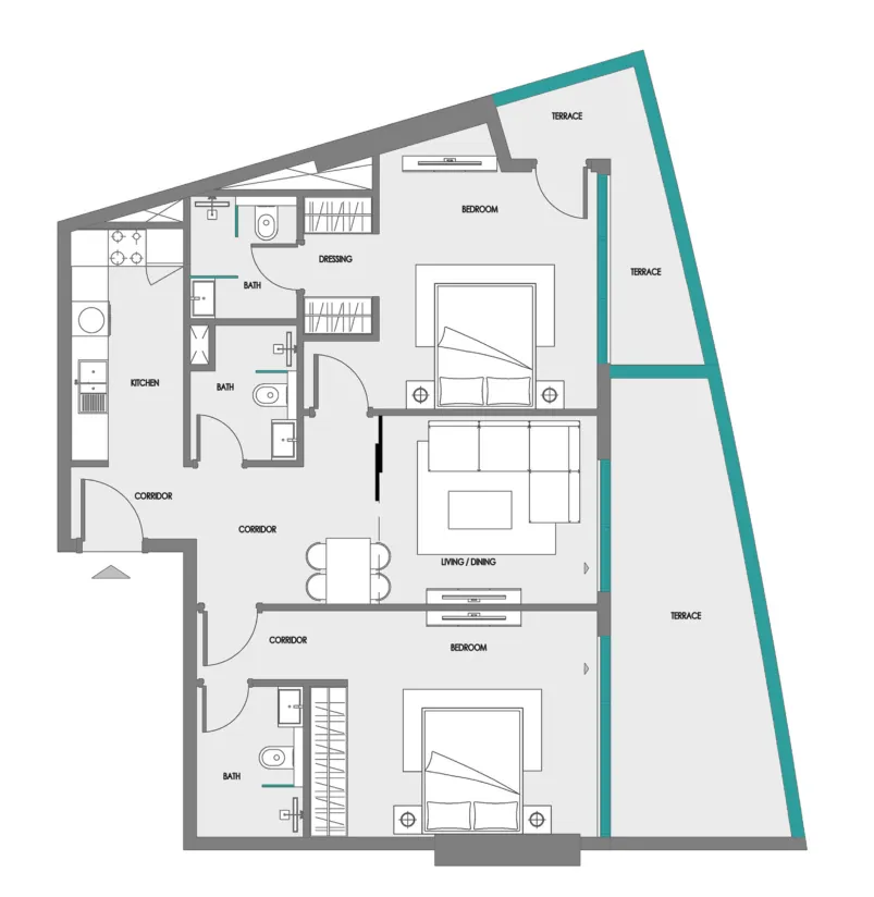 Green Field 2 bed floor plan, 1,022 – 1,156 sqft