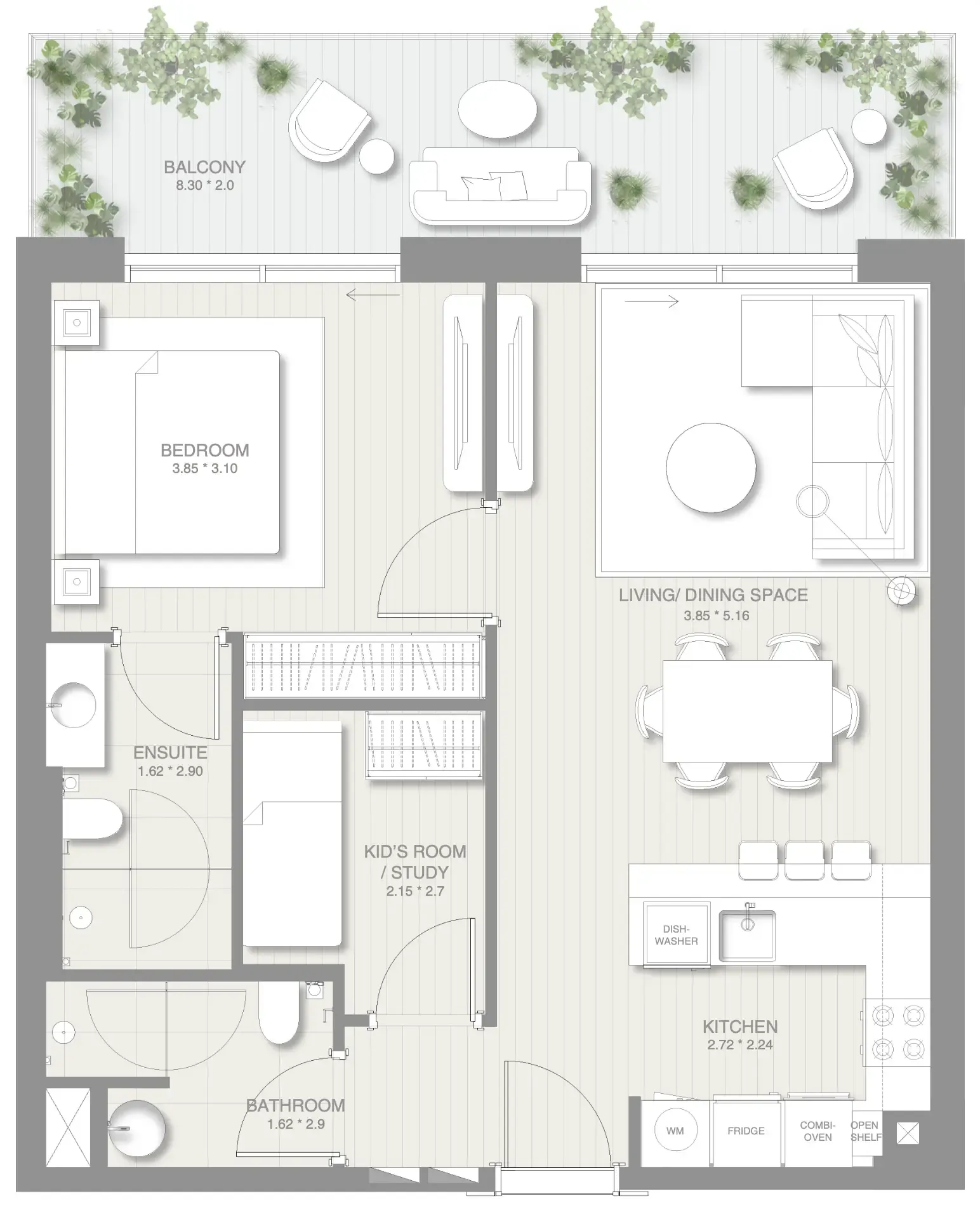 Sol Levante 1 bed floor plan, 576 – 883 sqft