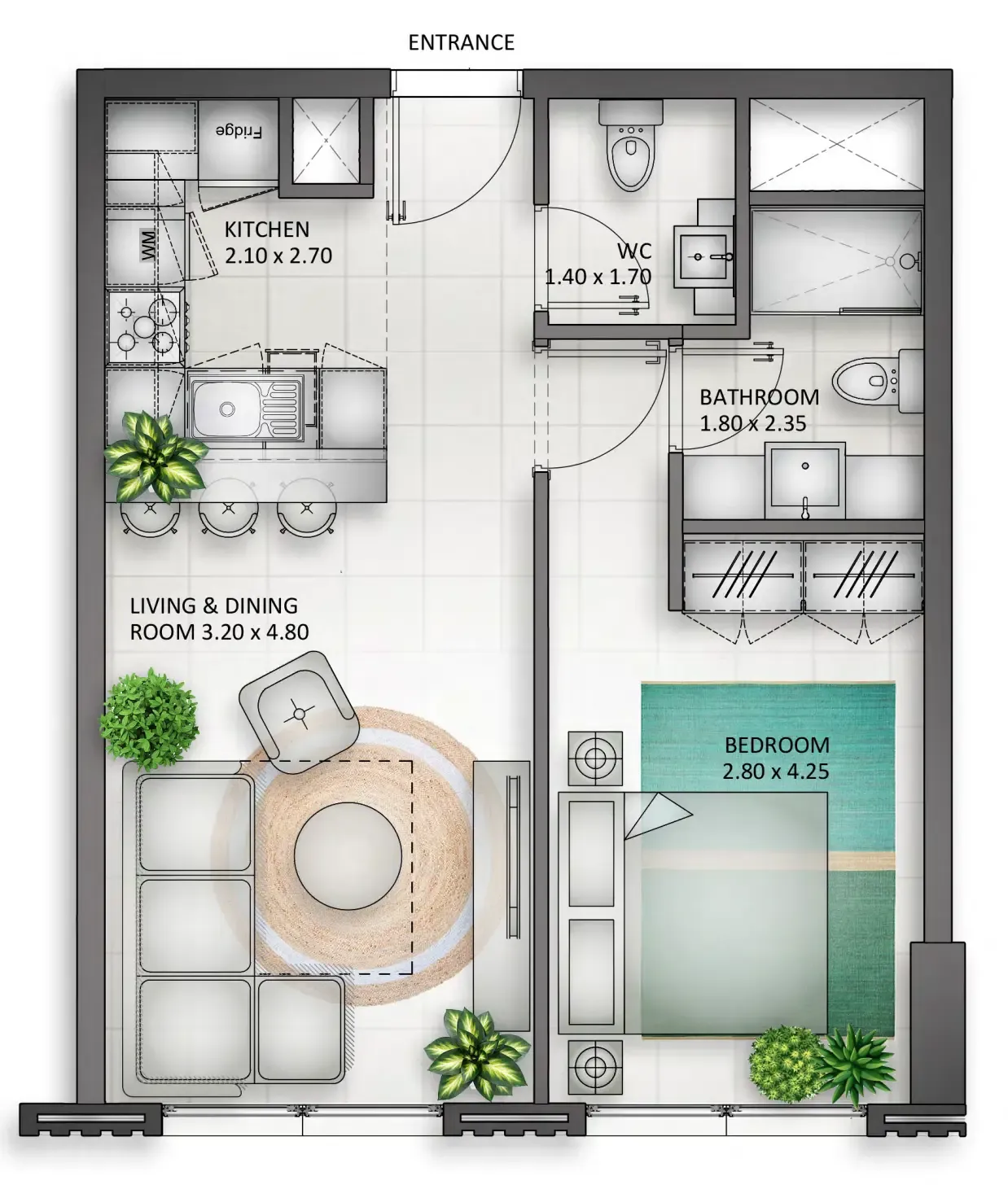 Al Mamsha Sharjah 1 bed floor plan, 686 sqft