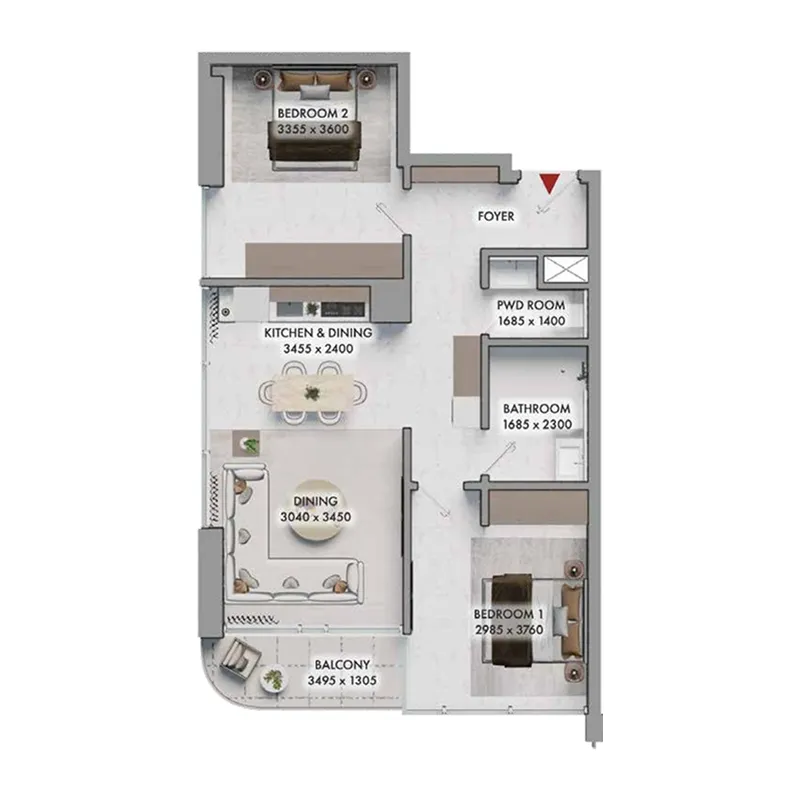 Elmora 2 bed floor plan, 691 sqft