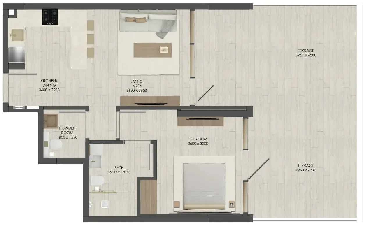 JAD 288 1 bed floor plan, 1,026 sqft