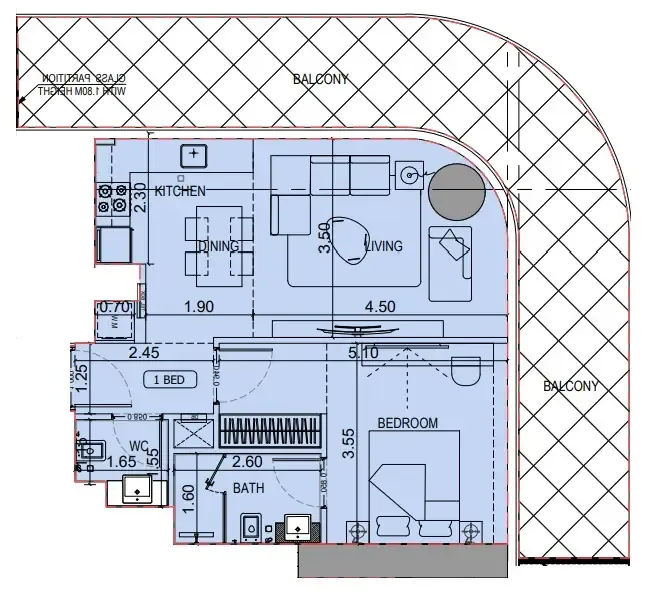 Binghatti Flare 1 bed floor plan, 969 sqft